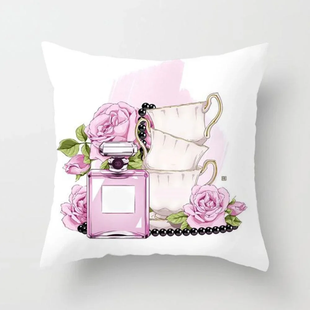 Pink Hand Paint Flowers Pillows Perfume Bottles Cushion Cover Polyester 45X45 50X50 Home Decorative Sofa Couch Throw Pillow Case