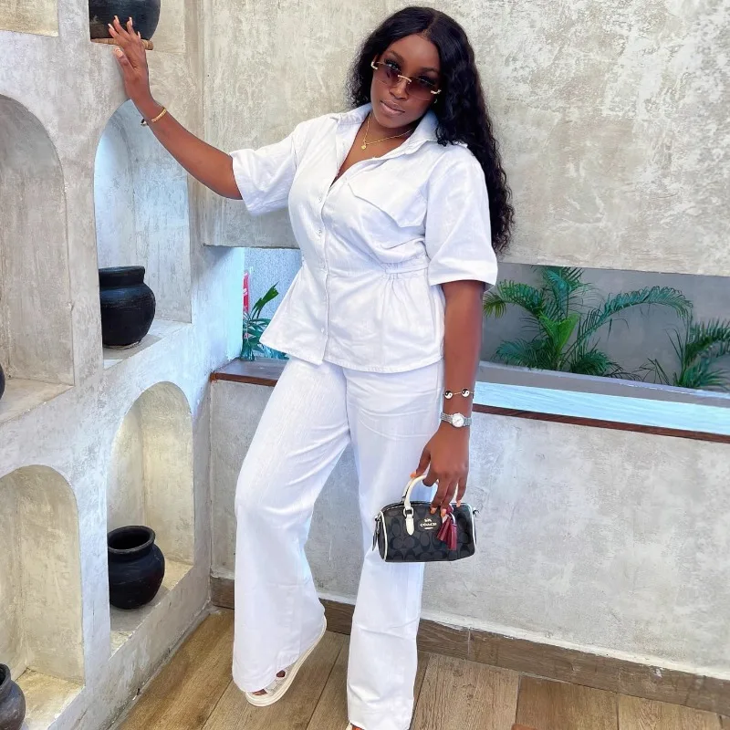Chic White Two Piece Pants Set for Women Drawstring Blouse High Waist Flared Trousers Summer African Vacation Streetwear Outfit