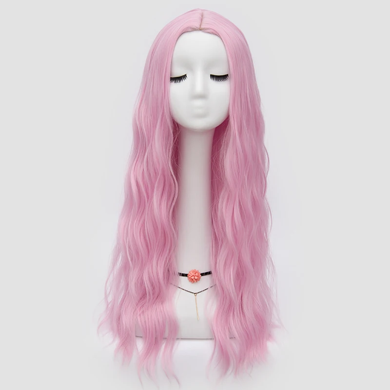 Light Pink Long Wavy Curly Synthetic Hair Wig Middle Part Wigs for Women Heat Resistant Cosplay Daily Costume Party Halloween