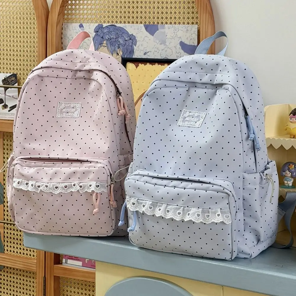Modischer Süßer Polka-Dot-Rucksack mit Minimalistischem Schleifendesign und Spitzenbesatz, Leichter, Strapazierfähiger Schulrucksack für Schüler und Pendler – Detail 9