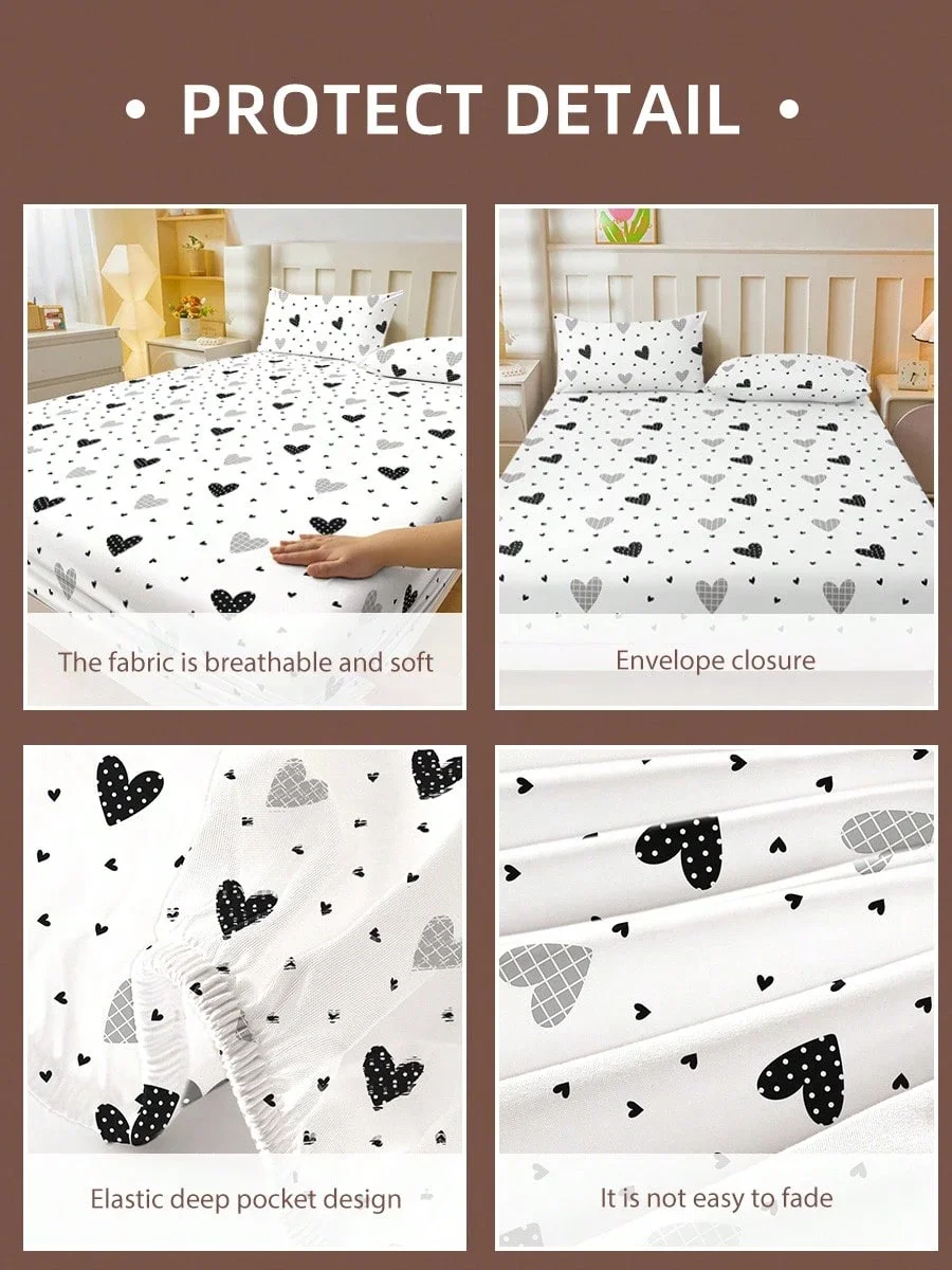 

1 Simple modern Flat Sheet Black And White Hearts Geometry Print Soft Fitted Sheet With 2Pillowcases Gifts For Girls Room Decor