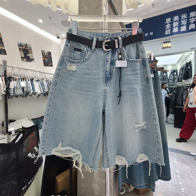 

Half Length Pants for Women, Casual High Waist Slimming Look Ripped Denim Jeans, Summer New Arrival Light Blue Jeans
