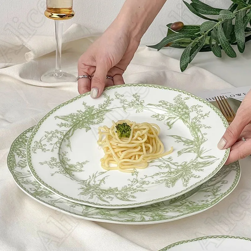 Ceramic Plate Nordic Retro Green Lily of The Valley Dinner Plates European Style Dessert Cake Dishes Rice Bowl Home Tableware