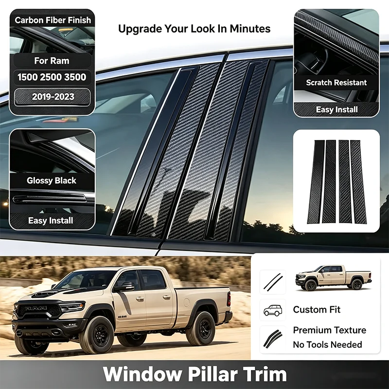 For Dodge Ram 1500 2500 3500 2019-2023 Carbon Fiber Window Door Column B C Pillar Post Cover Trim Sticker