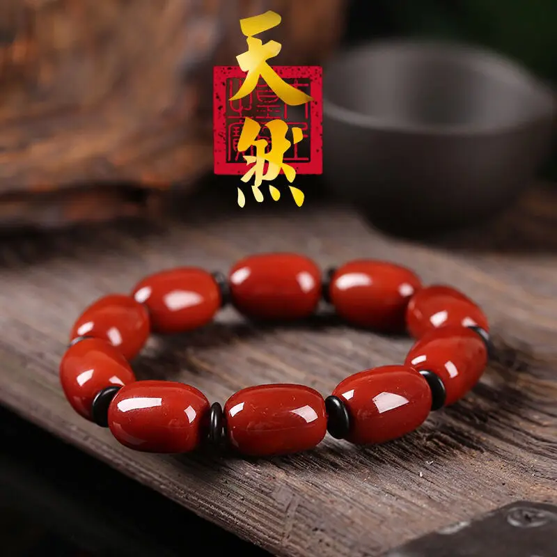 Pure natural Liangshan South Red Agate Bucket Bead Bracelet Flame Red Entwined Silk Pattern Men's and  Flawless with Sky Eye