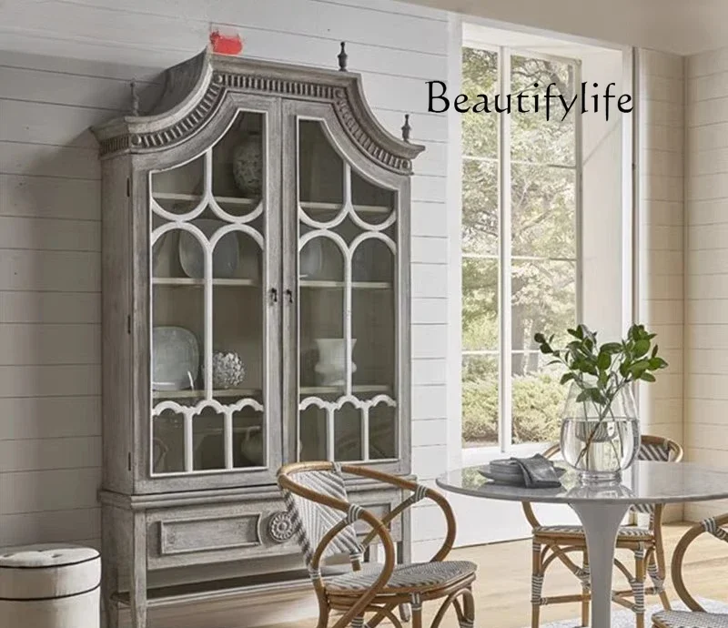 

HK American light luxury solid wood living room neoclassical carving old dining side cabinet French retro decorative bookcase