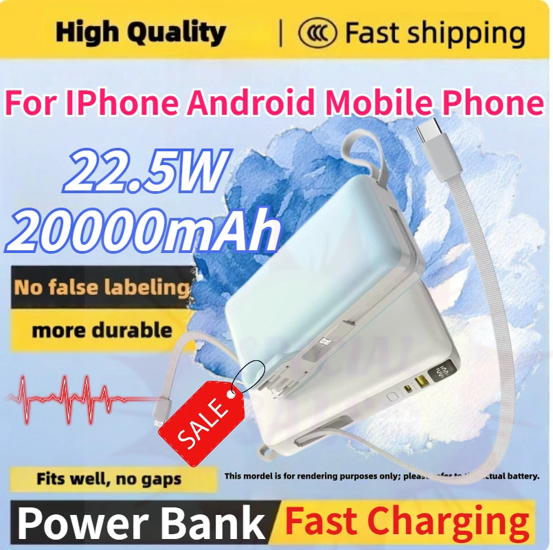 

20000mAh 22.5W Fast Charging Power Bank with AC Plug Dual Built-in Cables Portable External Battery Charger for IPhone Android