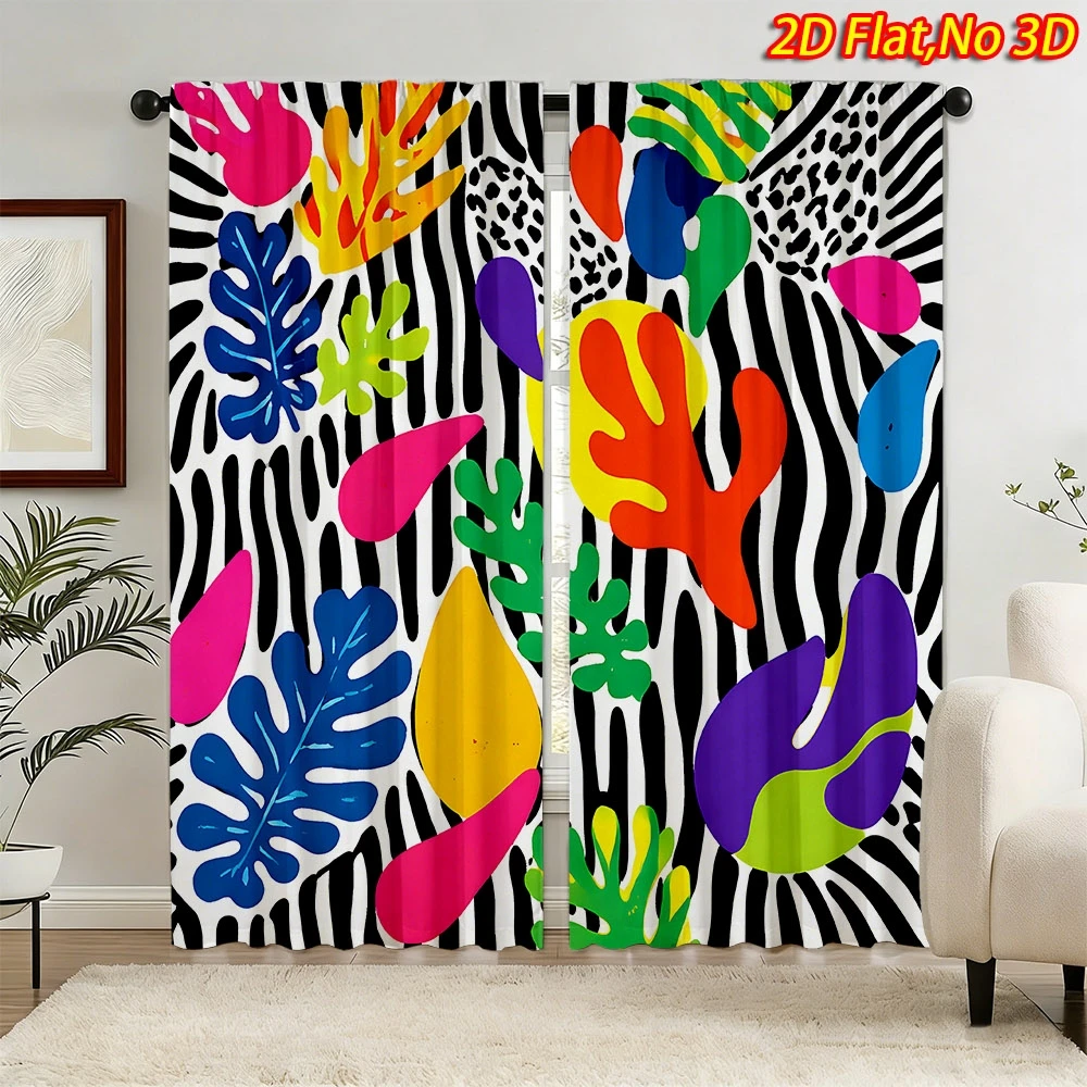 2D Flat Print Abstract Leaf Zebra Stripe Curtains Polyester Machine Washable Bedroom Living Room Kitchen Bold Art Decor Drapes