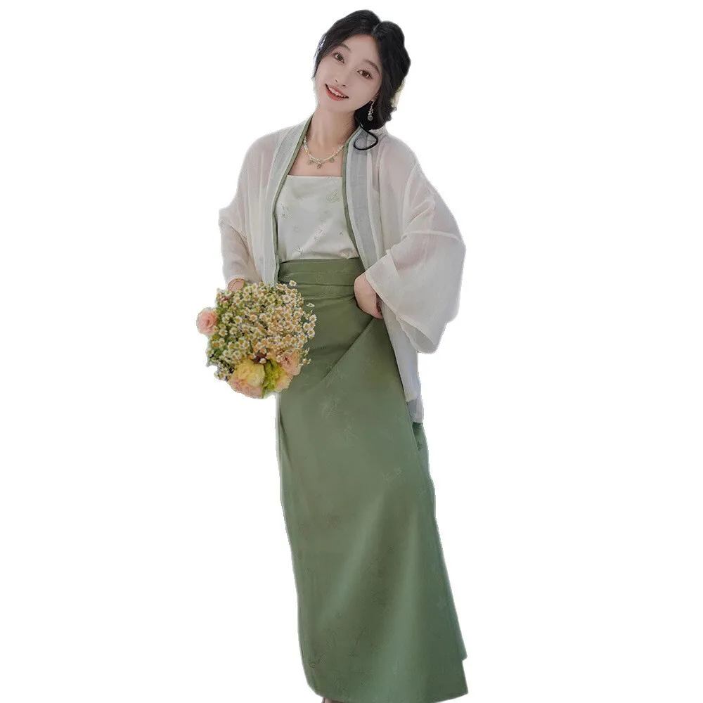 2025 신곡 왕조 스타일 여름 자카드 새틴 트월 스커트 여성용 한복 중국 스타일