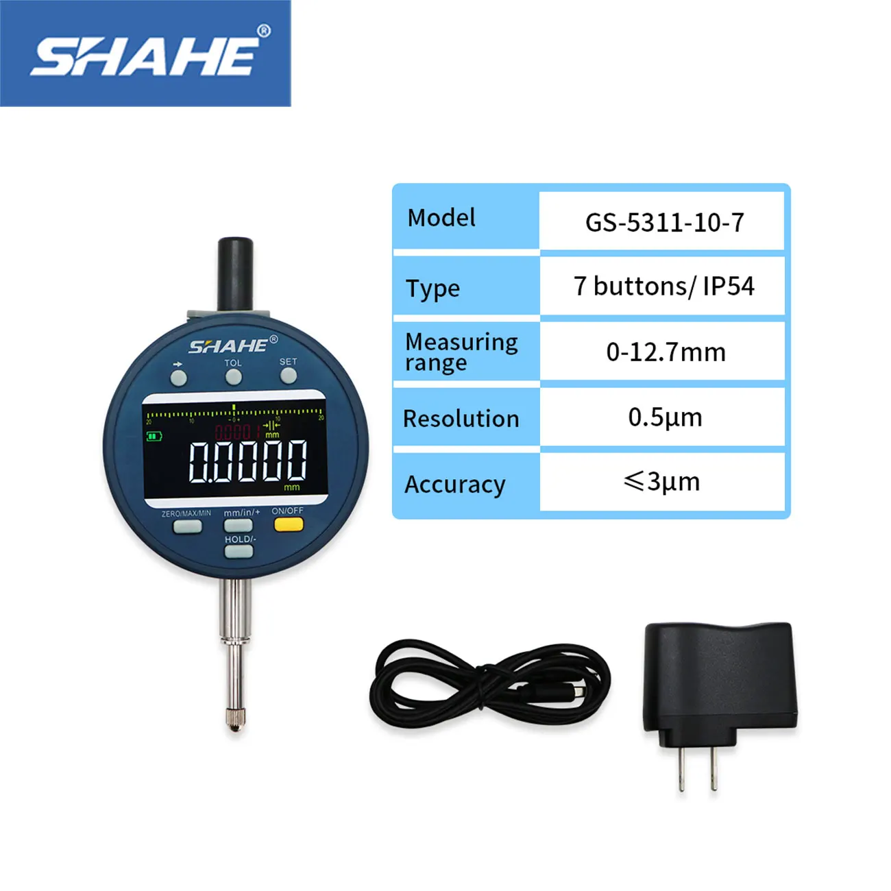 SHAHE 0.5μm Resolution Electronic Digital Dial Indicator 0-12.7/25.4/50.8mm Precision Tool Digital Indicator Rechargeabl