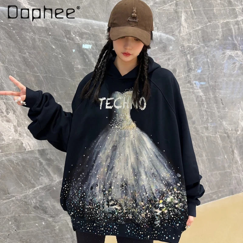 Luxury Rhinestones Wedding Dress Hoodie Casual Couple Loose High-Quality Beautiful Shiny Diamonds Sweatshirt Hooded Sweatshirt