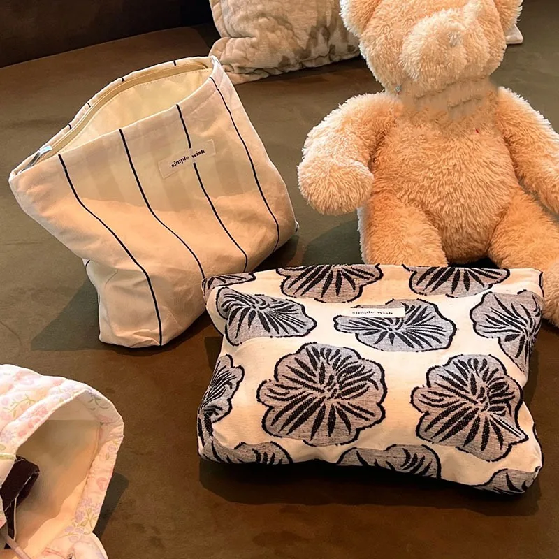 Plain Cotton Linen Grey White Striped Jacquard Makeup Bag Women Handbag Clutch Bag Zipper Cosmetic Pouch Organizer Case Bags