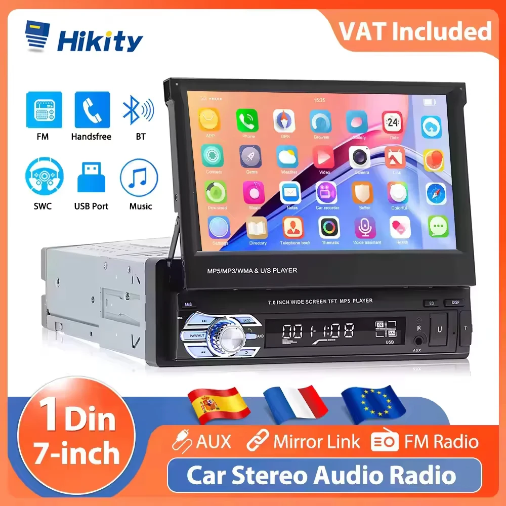 Hikity 7'' 1Din Lecteur MP5 de voiture rétractable, lien miroir, autoradio universel, écran tactile, BT, FM, AUX avec télécommande