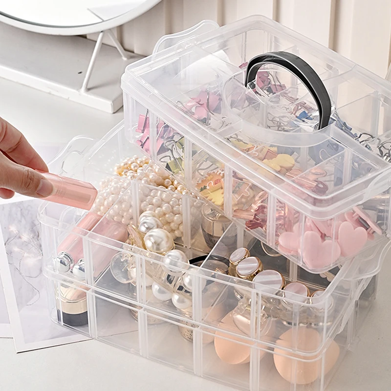 透明プラスチック製メイクアップオーガナイザー,ジュエリー収納,取り外し可能なケース,仕上げボックス,3レベル