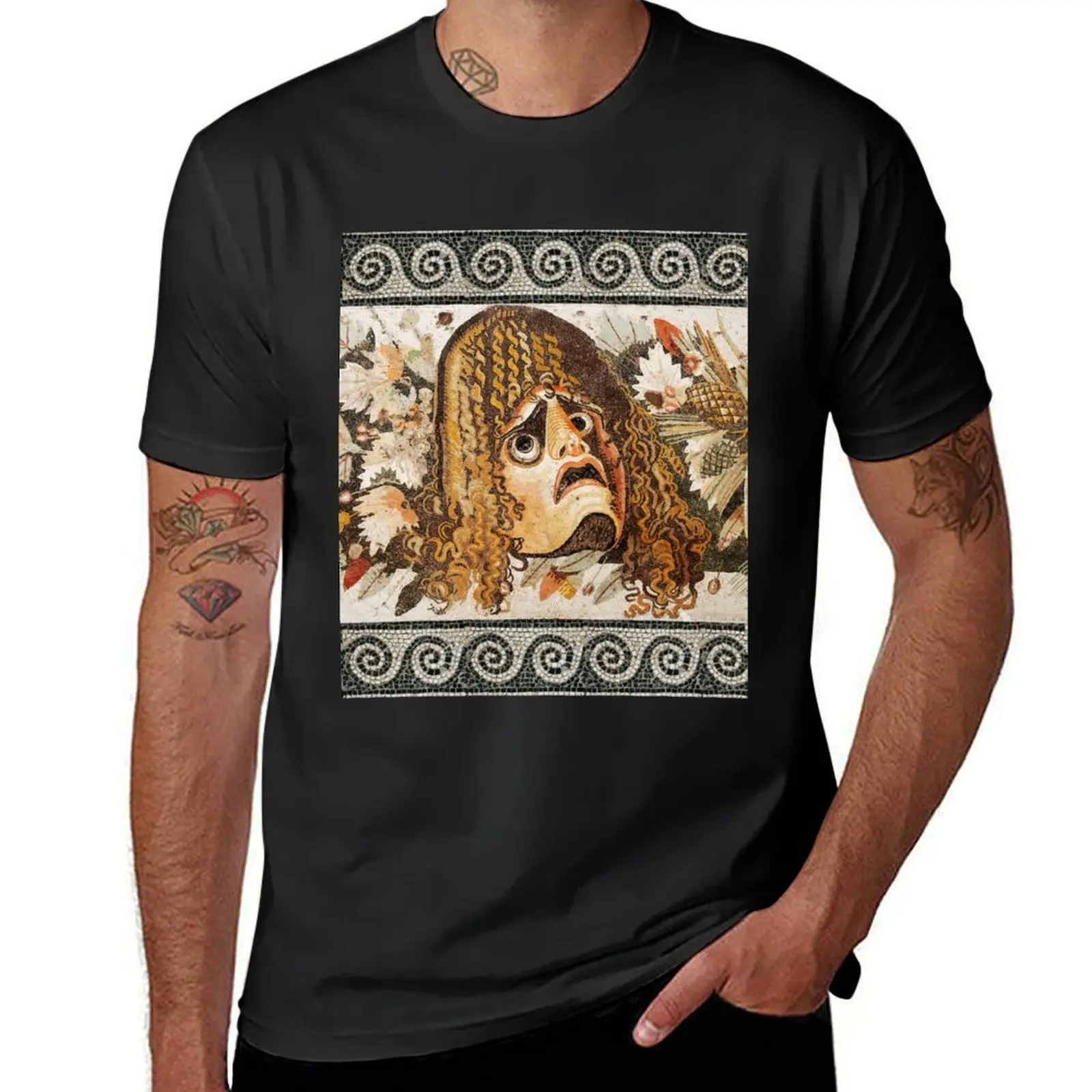 POMPEII ,ANTIQUE ROMAN MOSAICS ,GREEK TRAGEDY THEATER MASK WITH FALL LEAVES AND PINE CONES T-Shirt anime clothes tshirts for men