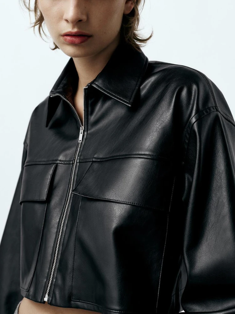 ZBZA Woman\'s Faux Leather Cropped Shirt Jacket TRAF Spring Lapel Long Sleeves Patch Pocket PU Short Shirt Coat Female Chic Shirt