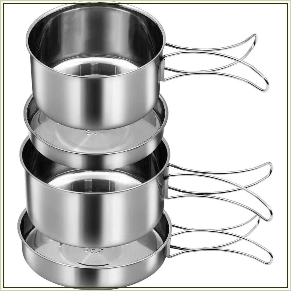 18/8 Stainless Steel Camping Cook Pot Set of 4, Mess Kit for Backpacking & Picnic
