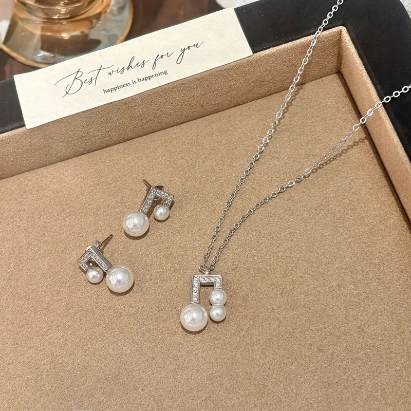 S925 silver simple French melody note pearl earrings for women, geometric and fashionable necklace
