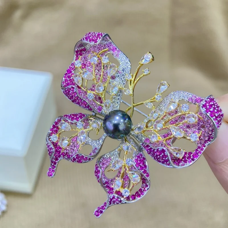 

SGARIT Jewelry Pink Zircon Inlay Women's Brooch 925 Sterling Silver Black Natural Tahitian Pearl Butterfly Butterfly Lapel Pins