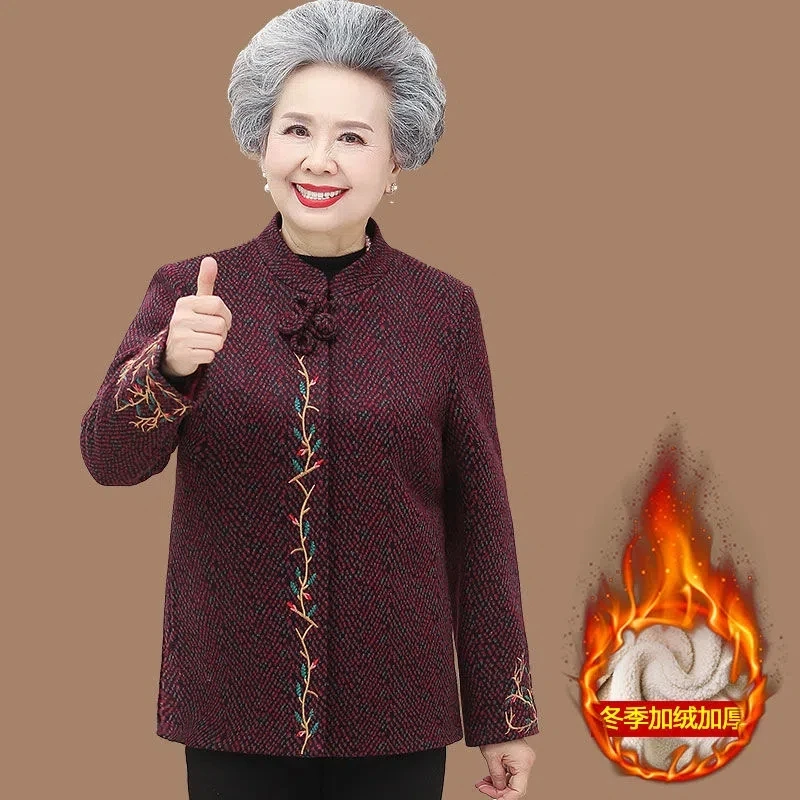 Winter Coat Velvet/No Velvet Thick Middle-Aged Elderly Grandma Fleece Jacket Warm Embroidery Mother Coats Tang Suit Top XL-7XL