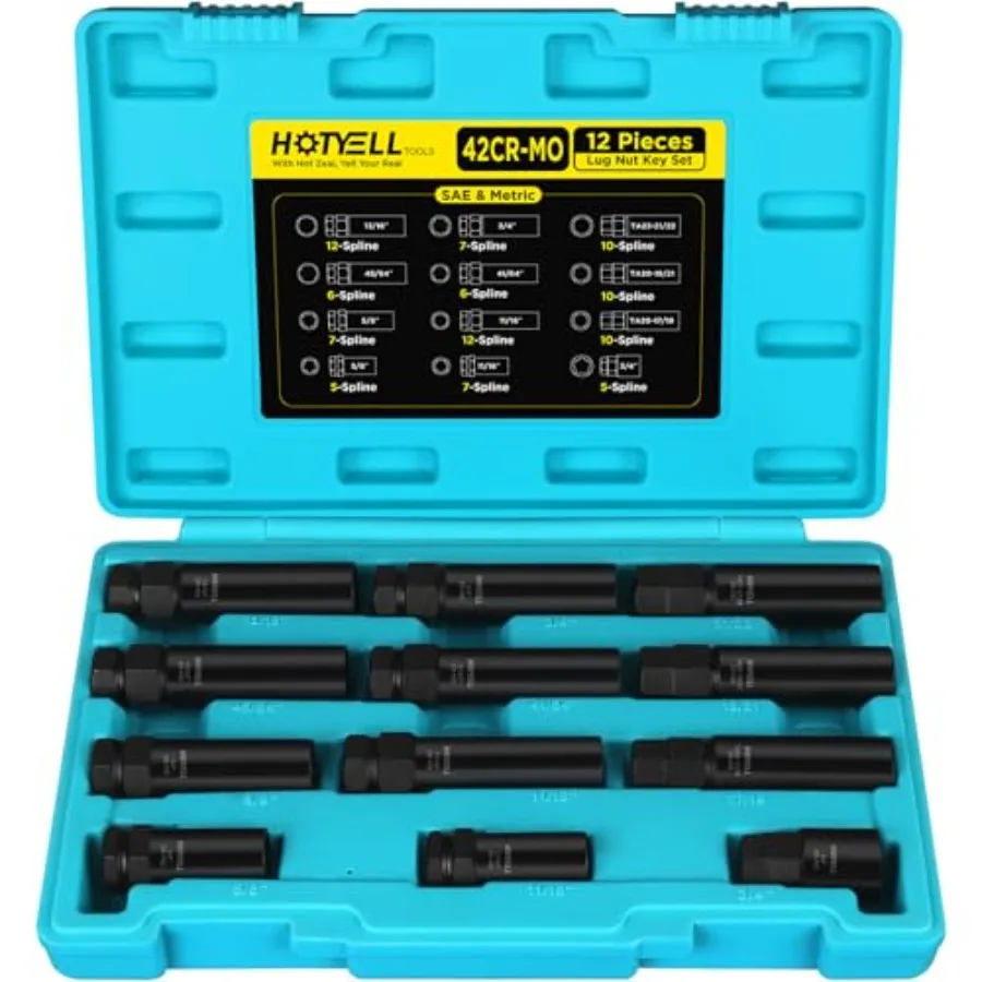 

Spline Lug Nut Socket Set 12-Piece Wheel Lock Removal Tool Kit Universal 5/6/7/10/12 Spline Locking Lug Nut Master Keys Cr-Mo T
