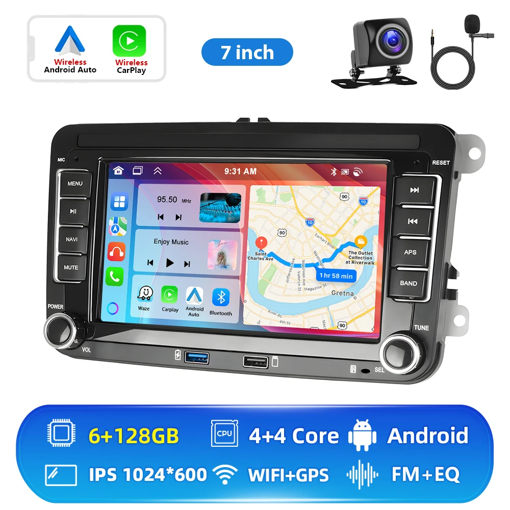 Podofo 6+128G Android 2Din autoradio met Carplay, Android Auto, GPS, FM-ontvanger, AI-stem, DSP voor VW, Seat, Skoda, PASSAT, GOLF