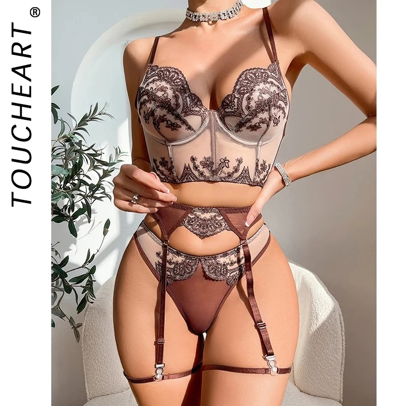 Toucheart Sexy Thin Bra Set For Women Embroidered See-Through Mesh Lace Patchwork Push-Up Sexy Contrast Color Underwear New Suit