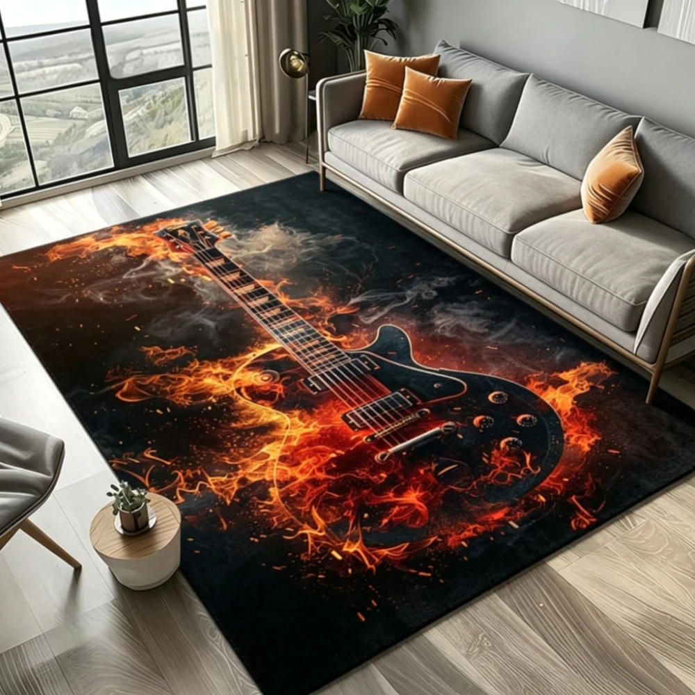 2D Flat Flaming Electric Guitar Pattern Rug, Non‑Slip Washable Mat for Living Room Bedroom Hallway Indoor Decor