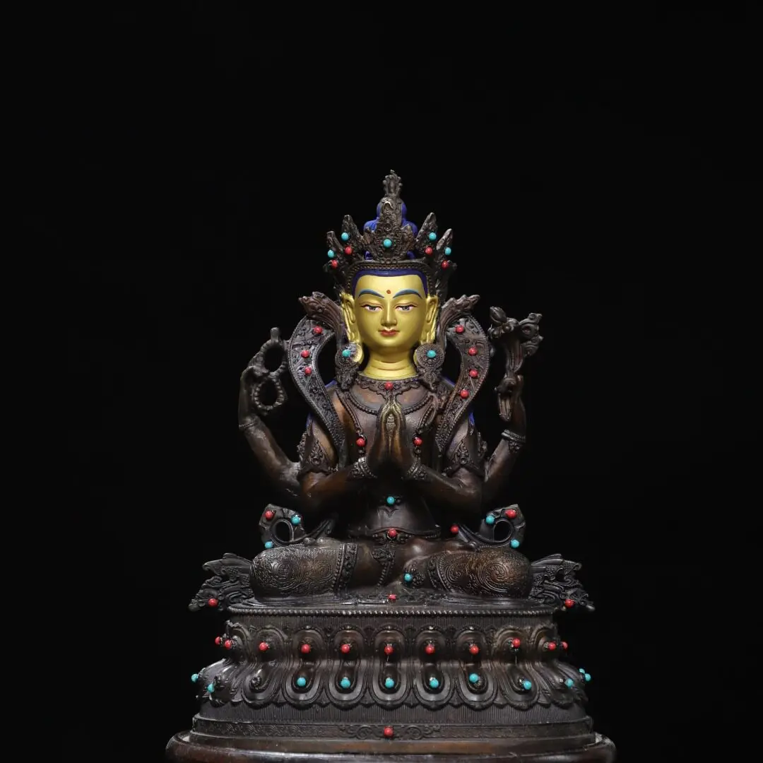 Color Painted Four-Armed Avalokiteshvara Statue Brass Tibetan Home Altar Desktop Decor