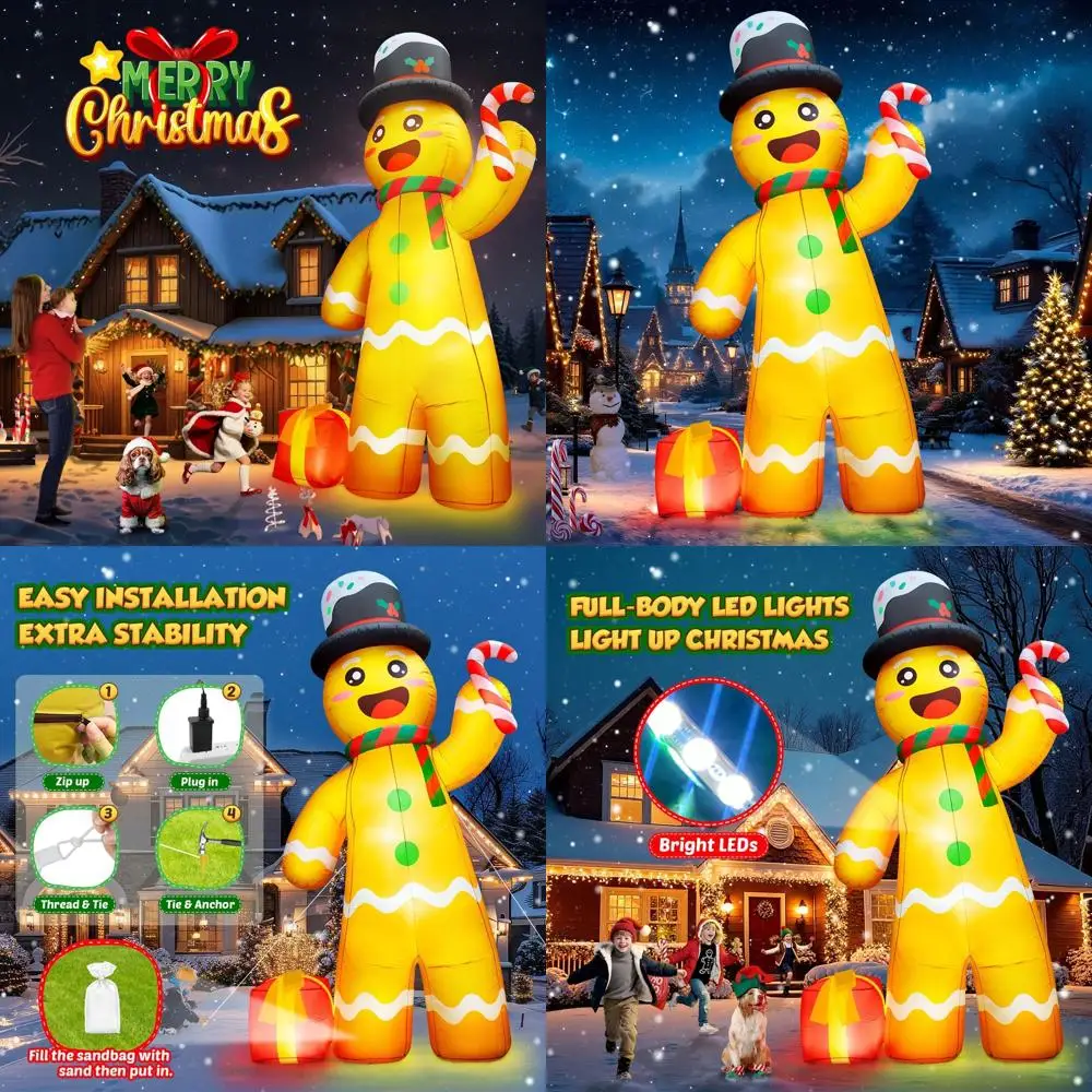 

Giant 12FT LED Lighted Gingerbread Man Outdoor Christmas Decoration with Candy Cane & Gift