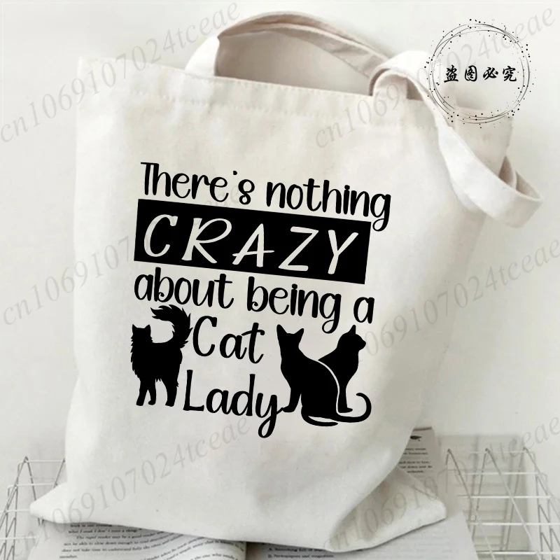 Anime Canvas Tote Summer Style Shopping Bag with Crazy Cat Lady Printed Beach Bag Summer Fashion Shoulder Handbags Bag