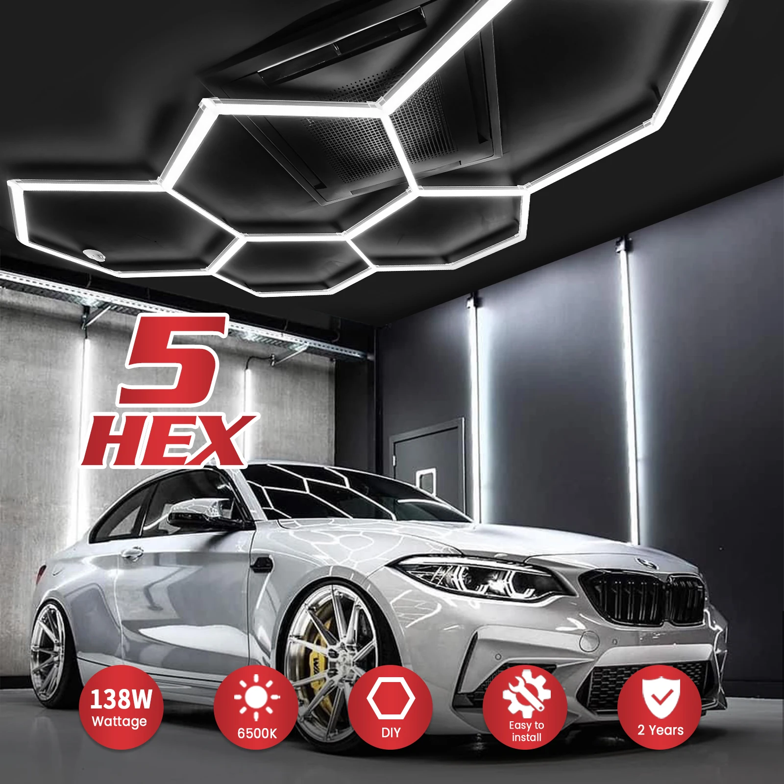 

5-Grid Super Bright Hexagon LED Garage Lights 6500K For Garage WorkShop Car Detailing Gym 156W 15600LM