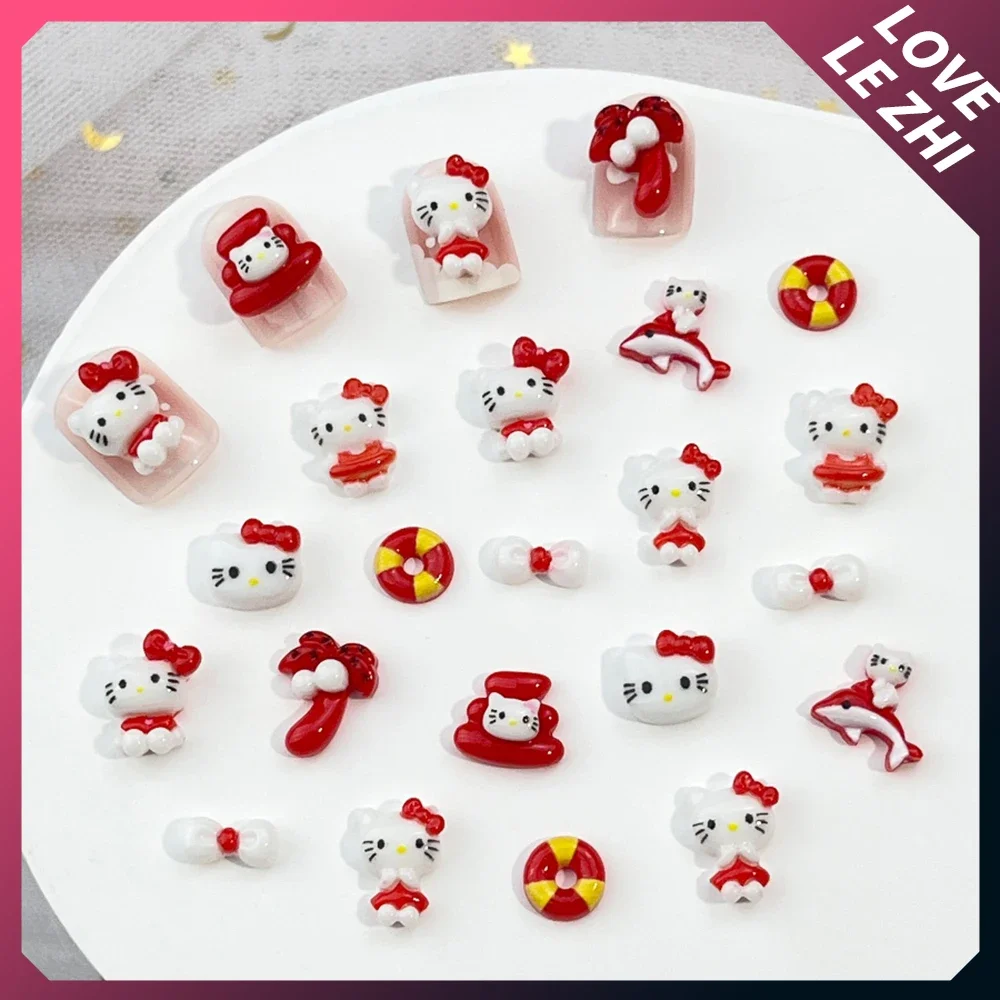 Ornamen seni kuku Hello Kitty Natal, ornamen seni kuku Resin kartun pohon kelapa lumba-lumba merah 20 buah