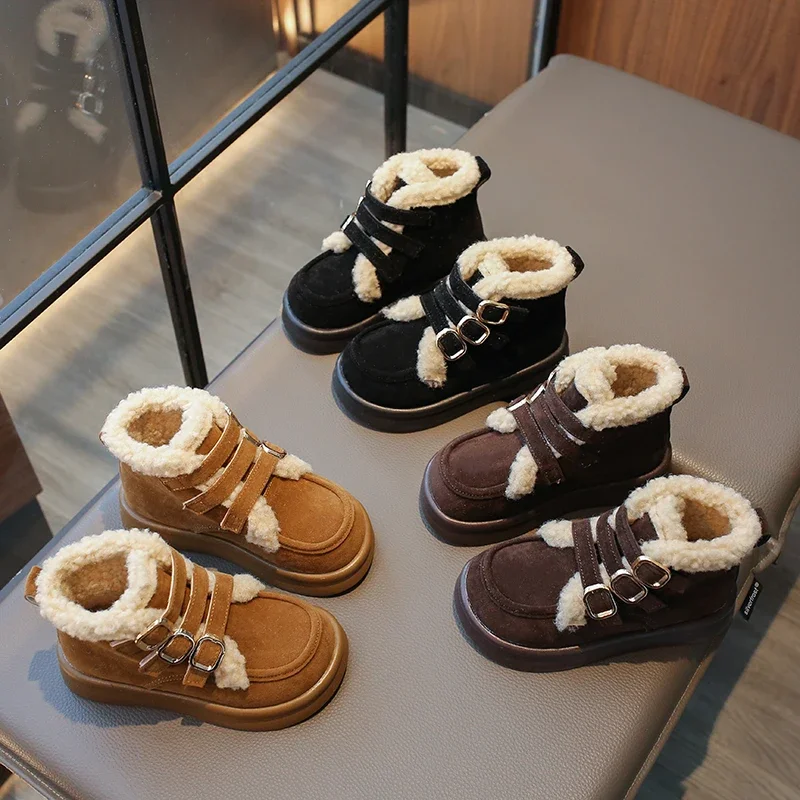 2024 New Girls Boots Versatile Soft Breatheable Non-slip Children Fashion Casual Snow Boots Hook & Loop Buckle Solid Color Plush