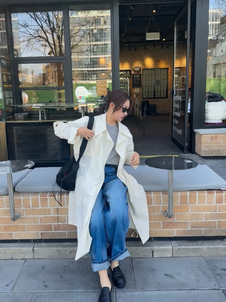 

Korean Sle Early Spring Long Thin Coat Cr Color Lapel Windbreaker Commute Pure Color Long Sve Loose Fit Windbreaker