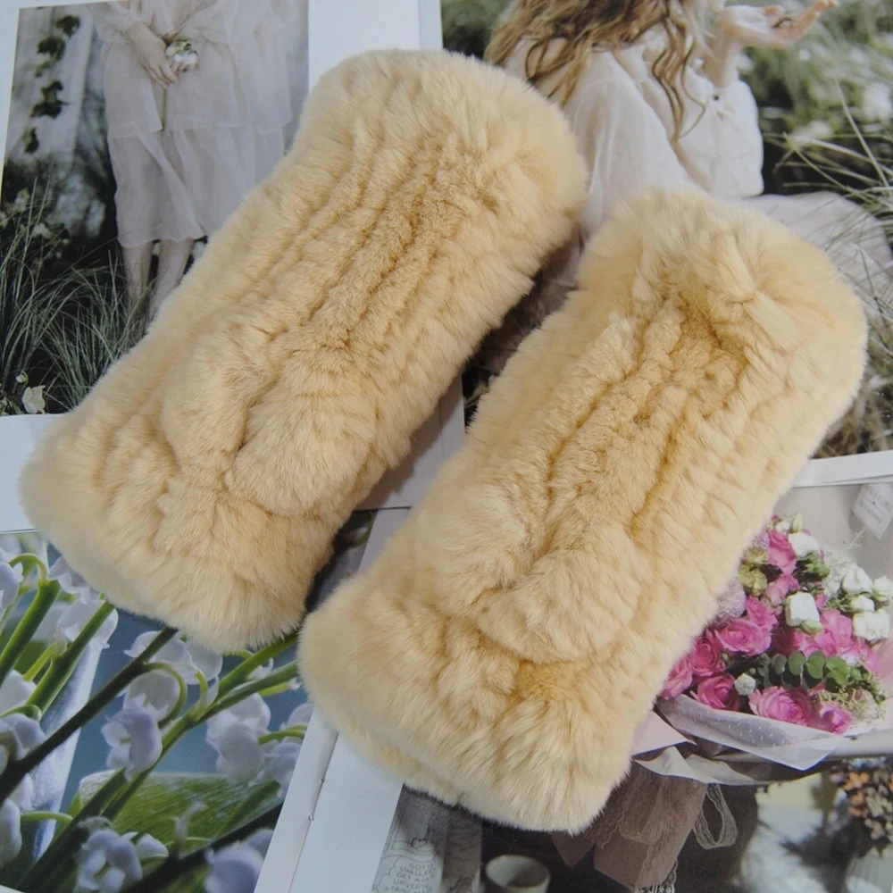 2024 Fashion Real Rex Rabbit Fur Women\'s Winter Gloves Genuine Fur Mittens Girl Fingerless Gloves Wrist Warmer Elastic Fluffy