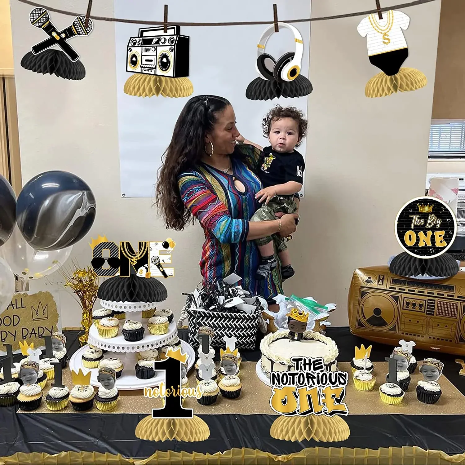 Honeycomb Centerpieces for Party Supplies, The Notorious One, Black Gold, 1st Birthday, Hip Hop Table Decorations, One Year Old,