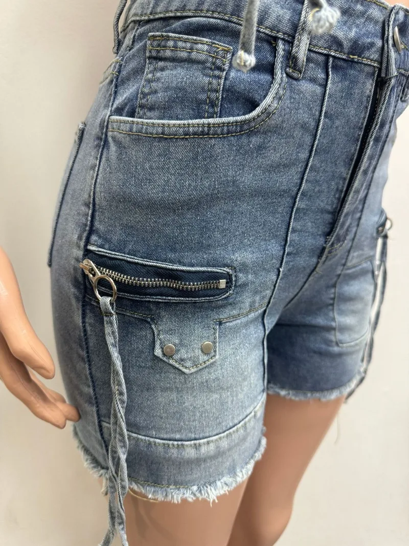 Women Fashion Zippers Ribbon Tassel Denim 2 Piece Set Zipper Halter Backless Tank Crop Tops + High Waist Button Fly Shorts Suits