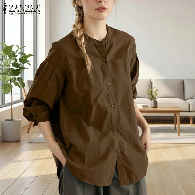 ZANZEA élégant décontracté col rond à manches longues chemises de bureau femmes automne chemise printemps solide bouton hauts femme élégante OL travail Blouse
