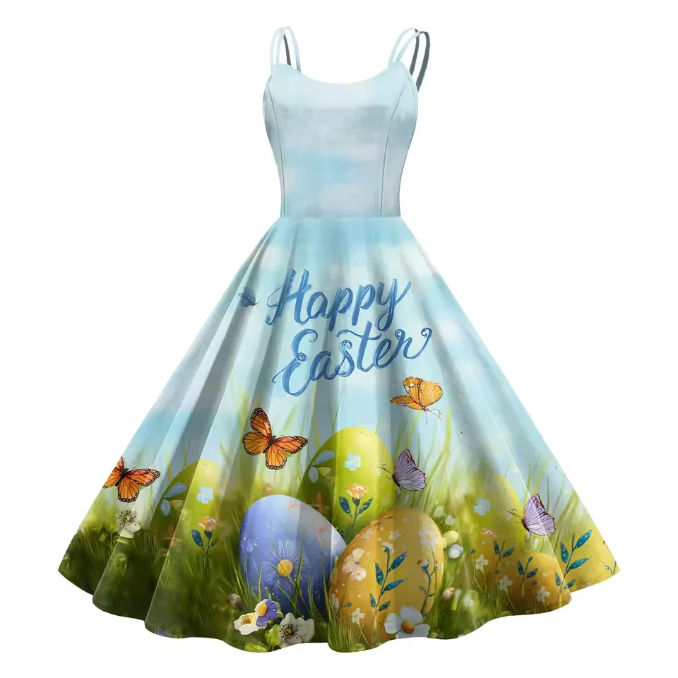 

Women Casual Easter Cute Rabbit Printed Top Sleeveless Casual Dress Beach Baggy Sundress