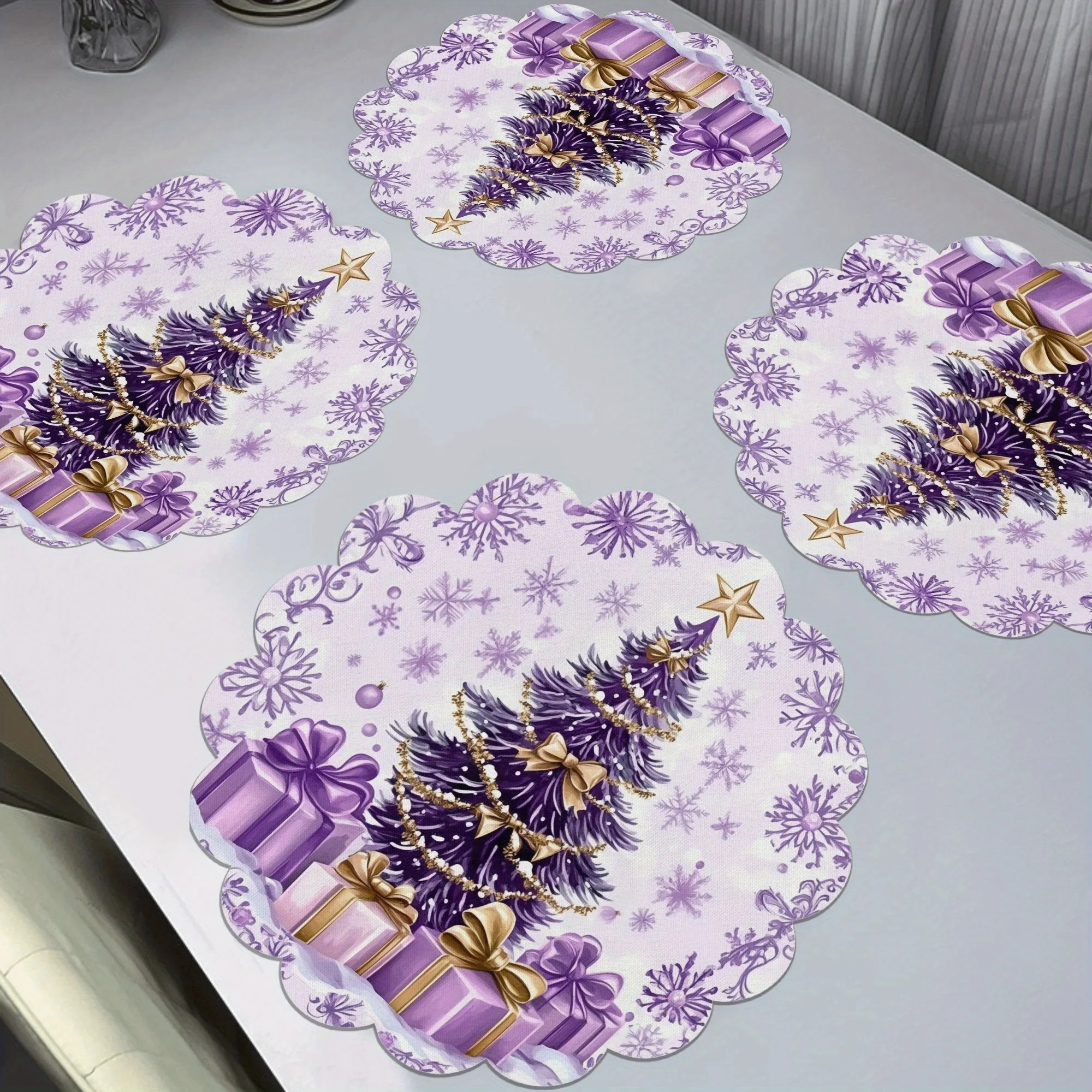 VIKAMA 4PC Purple Christmas Tree Meal Mat Gold Bow Table Restaurant Christmas Party Decoration Home Decoration