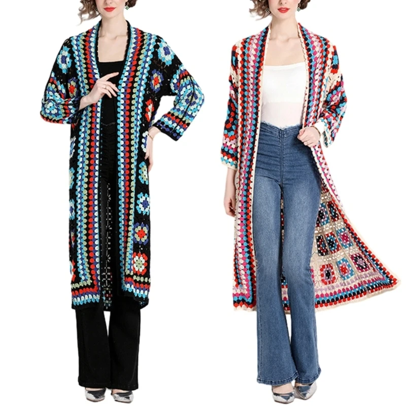 Women's Knitted Long Cardigan with Colorful Hollow Out Crochet Open Front Detail Dropship