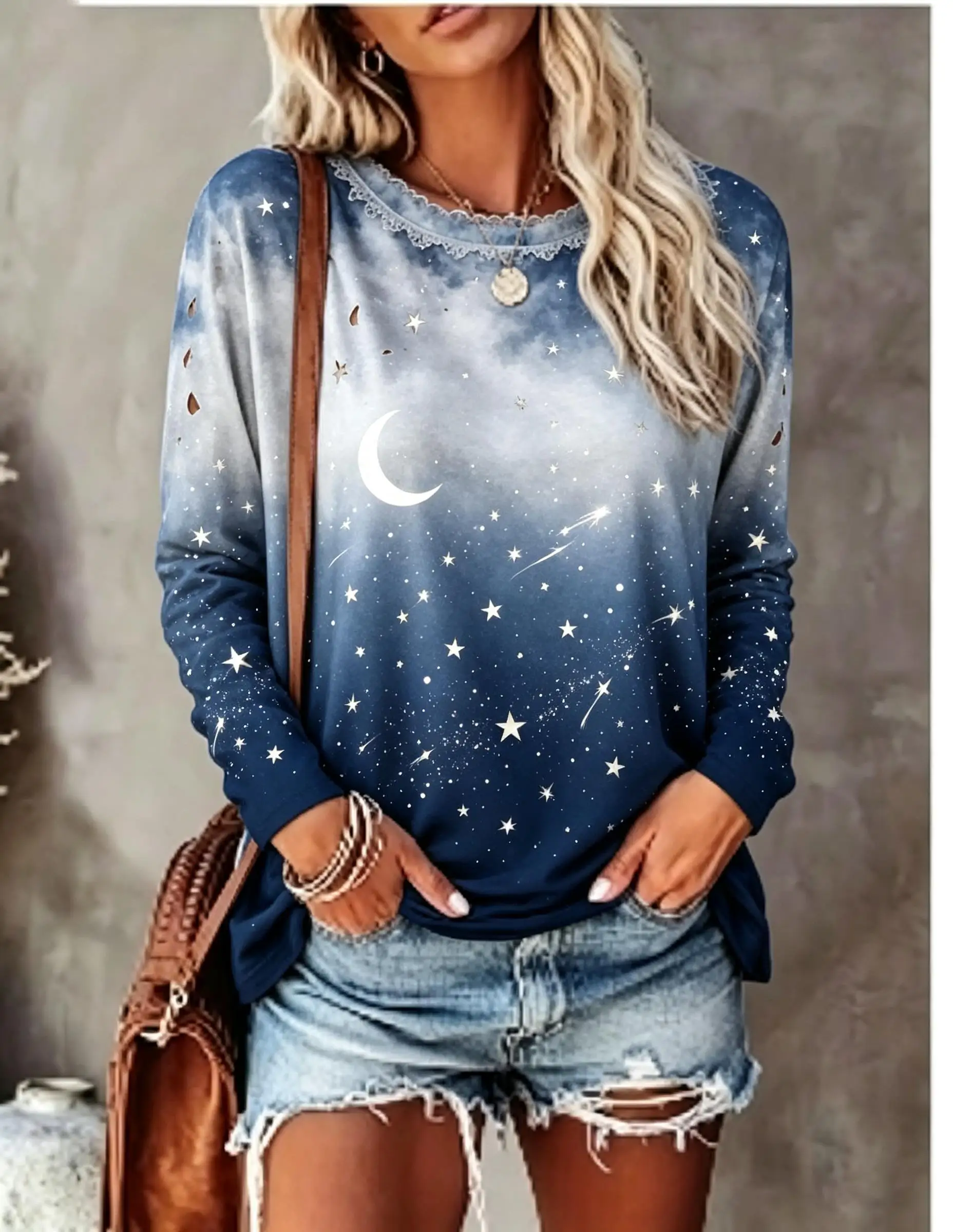 Women Long Sleeve T‑Shirt Starry Sky Moon Meteor Tie‑Dye Gradient Print Crew Neck Casual Tops