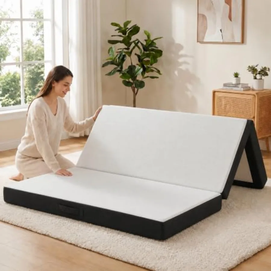 Trifold Mattress 6 Inch Memory Foam Queen Size for Guest Room or RV Use Compact Folding Design, Medium-Firm Support, Black