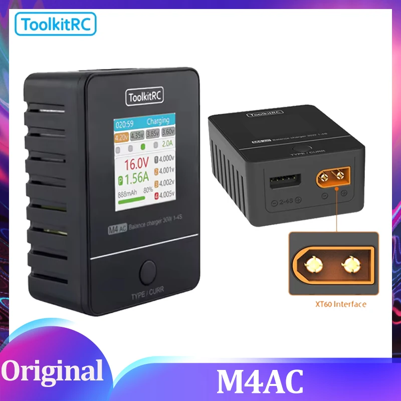 

ToolkitRC M4AC 30 Вт Зарядное устройство для баланса ЖК-экрана 2S 3S 4S Lipo AC100-240 В XT60 Интерфейс 100-240 В для аккумулятора гоночного дрона на радиоуправлении