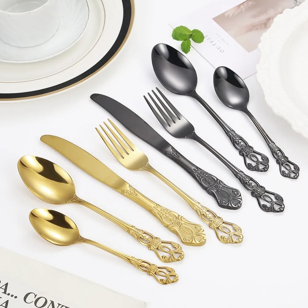 

16Pcs Vintage Royal Court Cutlery Sets Embossed Design Smooth Edges Kitchen Flatware Set Stainless Steel Fork Spoon Set Dessert