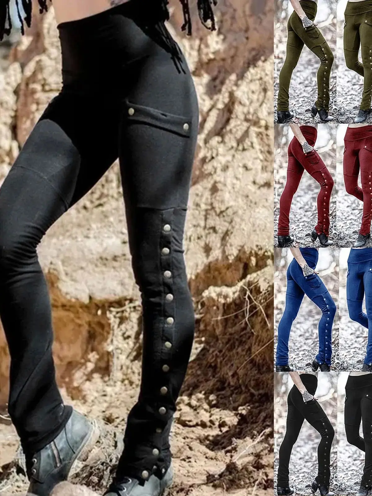 Women's Rivet Slit Slim Long Leg Pants Street Style Bootcut Trousers Elastic Waist Polyester Fiber No Brand Registered Trademark