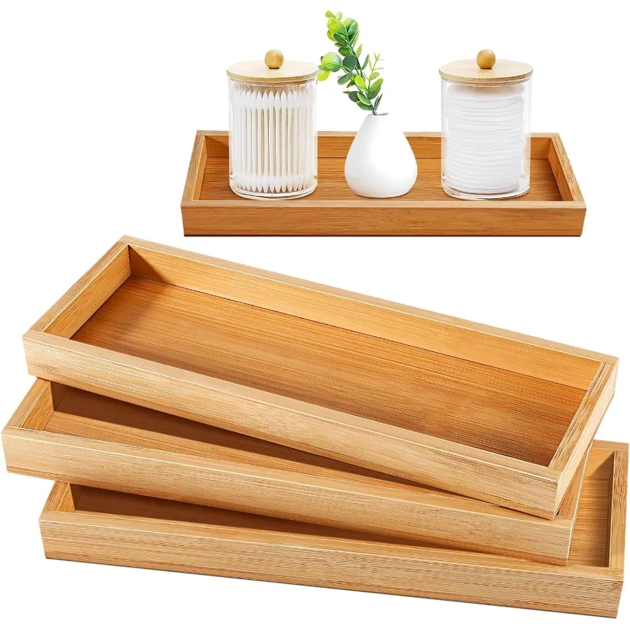 Bamboo Tea Serving Tray 3 Pcs Bamboo Serving Trays Small Vanity Tray for Toilet Tank and Bathroom Counter Top Pallet Trays for