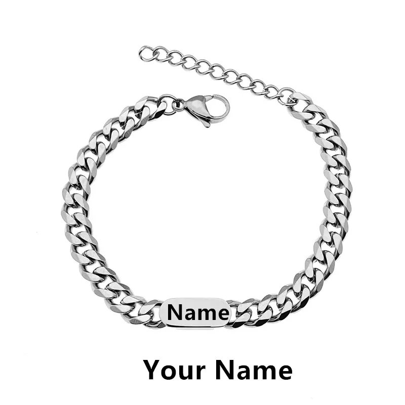 Gelang Pesona Pribadi untuk Pria Wanita Baja Tahan Karat Rantai Kuba Nama Kustom Gelang BFF Hadiah Perhiasan Pasangan e699