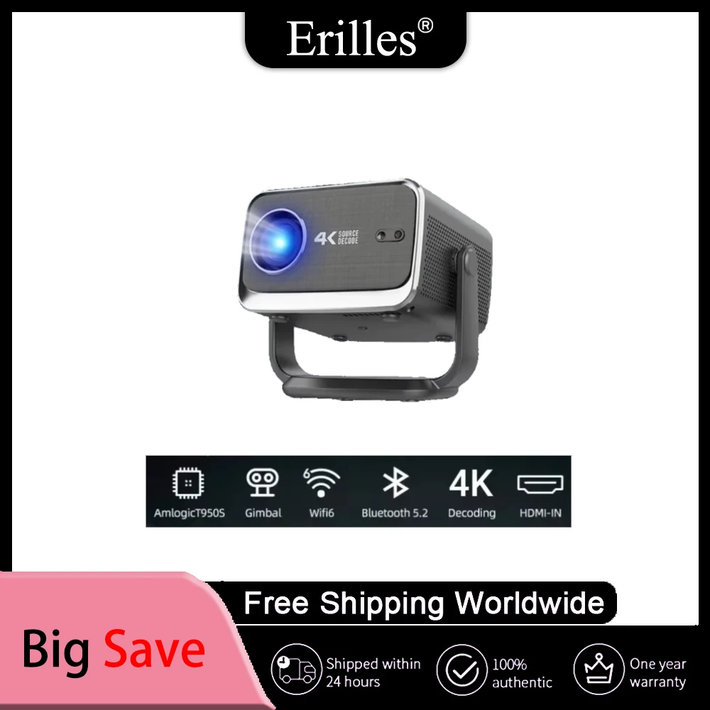 4K 350Lms 1080P Full HD Projector Auto Focus Lens LCD Lamp Android 13 Airplay Features Portable Home Theater Use